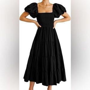 Pretty Garden Women’s Black Smocked Midi Dress with Puff Sleeves Large